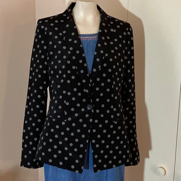 Black Blazer with Gray Polka Dots SIZE 6 Ann Taylor Loft Oversize Shoulder pads - Picture 1 of 7